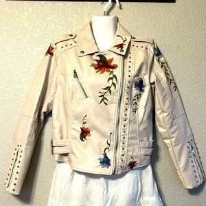 Faux Leather Women’s Long Sleeve Embroidered Floral Jacket.